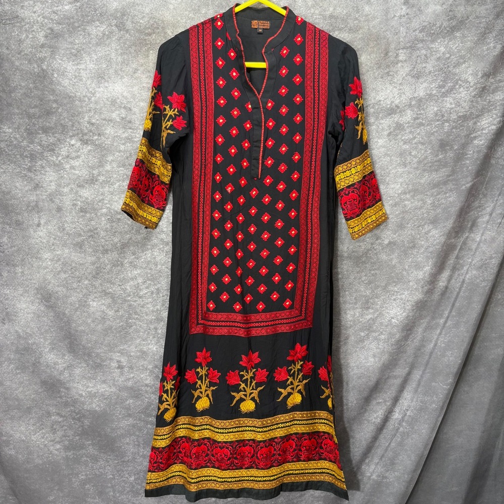 Aarong Bangladesh Embroidered Kurta Tunic Dress Black Red Gold Floral Size 38